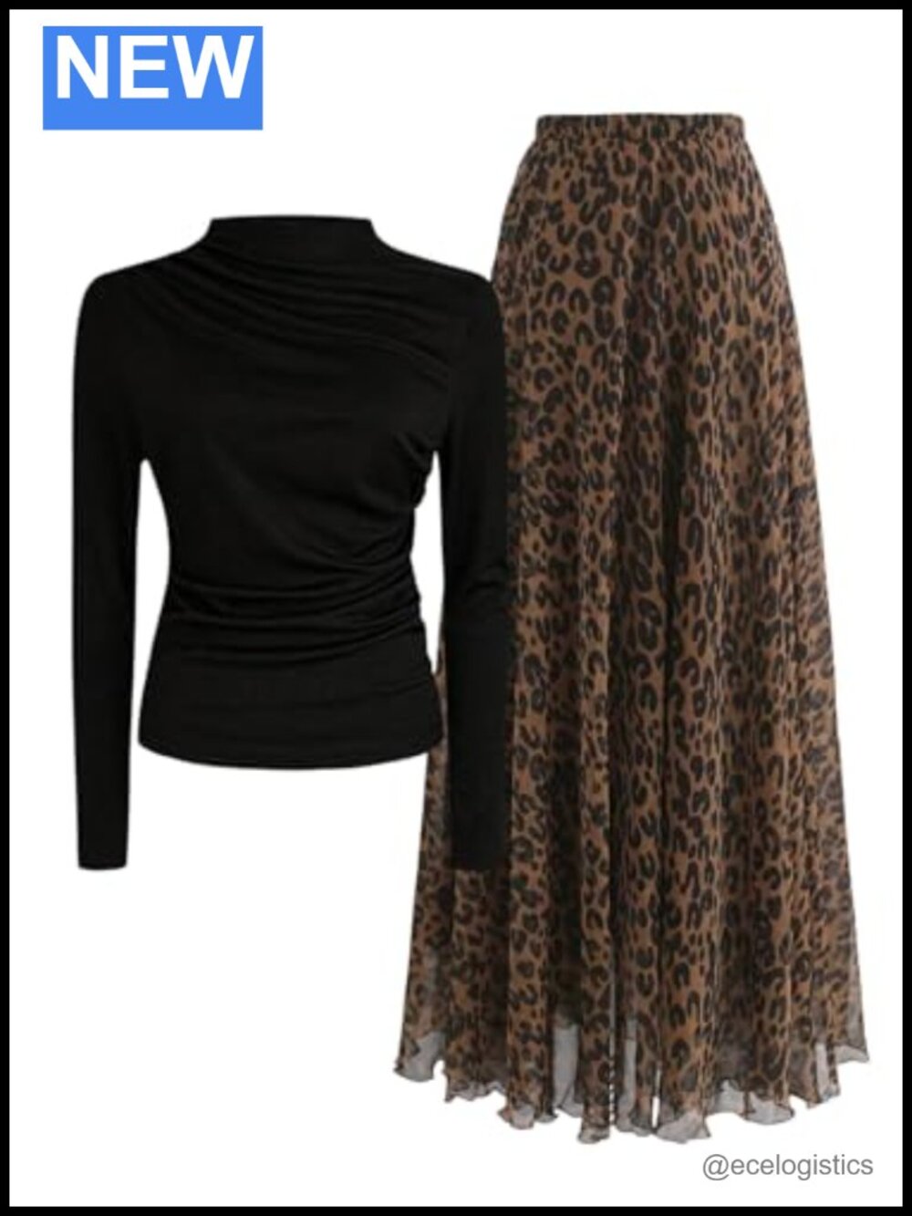 2 Piece Ruched Shirt and Leopard Print Maxi Skirt Set